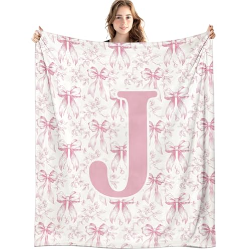 LIANGW Coquette Pink Bow Flower Throw Blanket, Personalized Initial J Soft Fluffy Cozy Flannel Blanket, Monogrammed Gifts for Daughter Women Teen Girls, Customized Blanket for Bedroom, 50x60 in