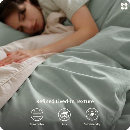 Image of Bedsure 100% Washed Cotton Duvet Cover Queen Size - Sage Green Minimalist Bedding Set Linen Like - PureWoven Plain Simple & Soft Comforter Cover for All Seasons (Sage Green, Queen, 90 inchx90 inch)