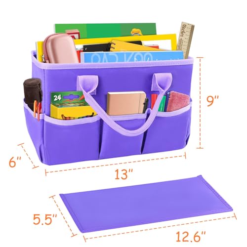 Image of ZKOO Craft Organizer Tote Bag, Portable Art Supply Storage Caddy with 6 Pockets & Removable Divider, Multi-Purpose Teacher Bag for Sewing, Scrapbooking, Office & Travel - Purple, Small