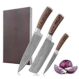 Matériaux haut de gamme, parfaitement assortis – Fabriqué en véritable acier Damas 67 couches avec noyau VG10, ce set offre un tranchant exceptionnel, une grande dureté et une excellente longévité (60 ± 2 HRC). Chaque couteau se distingue par son équilibre, sa stabilité et un motif Damas marqué.