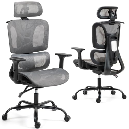 Image of ECOTOUGE Ergonomic Office Chair, High Back Mesh Computer Chair with Lumbar Support, Adjustable Headrest & 3D Armrests, Reclining Desk Chair for Home, Gaming Chair for Adults, 330LBS Capacity, Grey