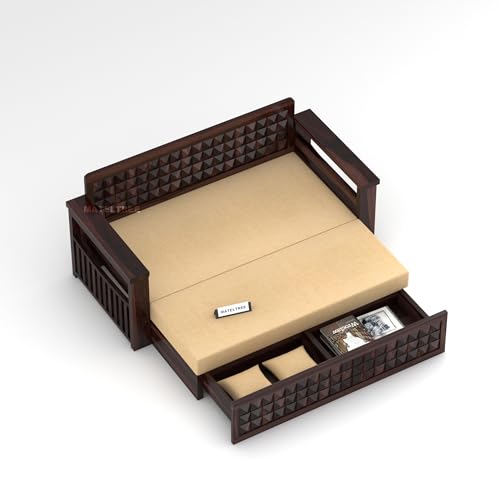 Image of Sheesham Wooden Sofa Cum Bed for Living Room with Side Pocket Storage - 3 Seater Sofa Cum Bed with Storage - 3 Person Sofa Cum Bed Wooden with Premium Cushion Seating (Walnut F)