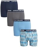 Lucky Brand Mens Boxer Briefs - 4 Pack 6'' Inseam Stretch Performance Tag Free Mens Underwear Boxer with Contour Pouch, Size Large, Mood Indigo/Dusk Blue/Alloy Print/Smoked Pearl