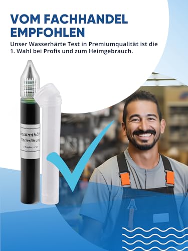 AGUALEVE Wasserhärte Test - Die Nr. 1 - Deutsche Grad Härte (°dH) schnell und einfach messen - misst exakt bis 24 °dH - Made in Germany - 25 – 200 Messungen, je nach Härte - 1x 15ml