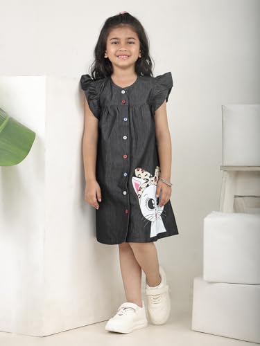 Image of superminis Girls Denim Solid Color Half Sleeves Dress with Embroidered Pocket (1 Dress)