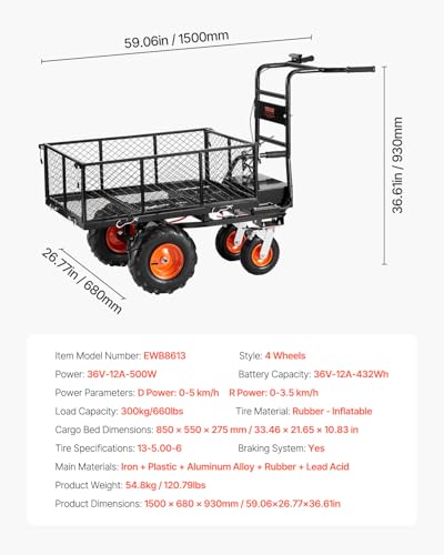Chariot utilitaire électrique robuste - Capacité de 300 kg - Chariot de jardin en acier avec freins - 4 roues - Pour ferme et camping
