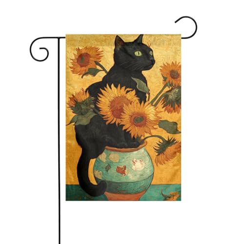 Black Cat Sitting On Sunflowers Vase Garden Flag 12x18 Vertical Double Sided Farmhouse Holiday Outside Decorations Yard Flag