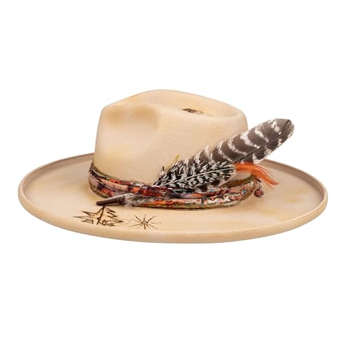 Image of RUEDIGER Vintage Pencil Brim Fedora Hats 100% Wool Felt Hat Panama Rancher Hat with Lightning Logo Handmade Distressed /Burned