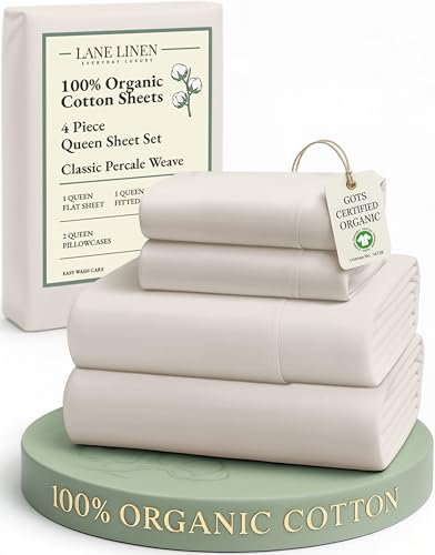 LANE LINEN 100% Organic Cotton Queen Sheet Set, 4Pc Cotton Sheets Queen Size Bed Set, Soft Percale Weave, Deep Pocket Queen Sheets, Hotel-Quality Bed Sheets Queen Size - Glacier Grey