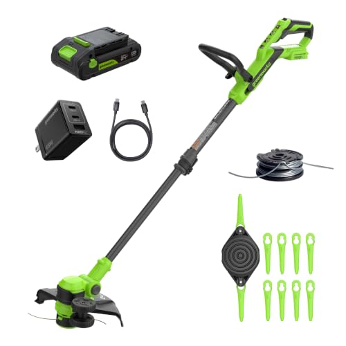 Image of Greenworks 24V 12 inch Brushless String Trimmer Kit, 2-in-1 Trimmer & Edger, Adjustable Shaft, 3.0Ah USB-C Battery, 65W USB-C Charger, 10 Blades, 3-Year Warranty