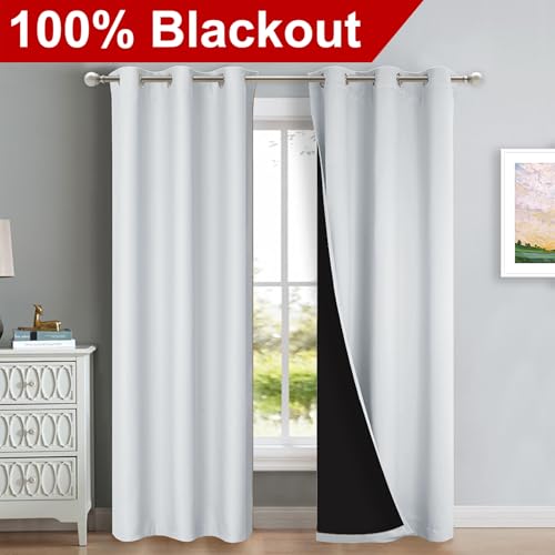 Image of NICETOWN Blackout Curtains 80 inches Long, 2 Pieces, 42 inch Wide Each Panel, Greyish White, Full Light Blocking Drapes with Black Liner for Nursery, Thermal Insulated Draperies for Hall, Villa