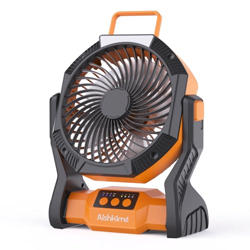 Aishkimo Portable Camping Fan with LED Light 10000mAh Rechargeable Tent Fan with Hanging Hook 4-Speed Adjustable Outdoor Fan for Picnic BBQ Fishing Travel - Orange