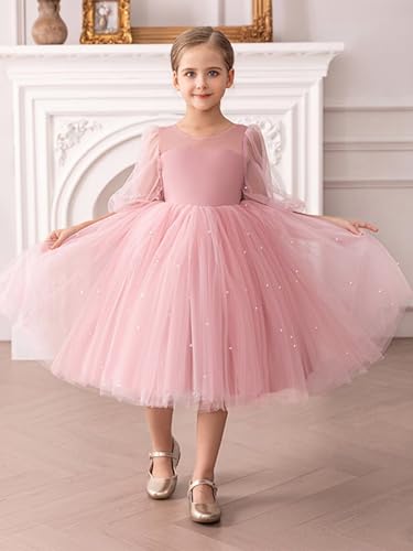 Pearls Tulle Flower Girl Dress for Wedding Bow Knot Satin Half Sleeve Short V-Back Crew Neck Party Prom Tutu Dress2