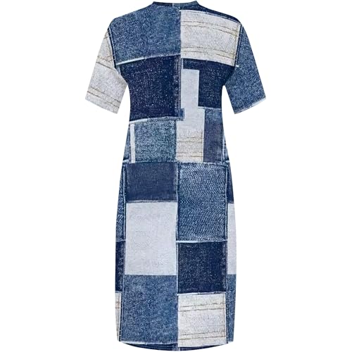Image of SUZONANA Plus Size Denim Print Shirt Maxi Dresses for Curvy Women Casual Blue Jean Summer Outfits Long Short Sleeve Dress with Pockets Patchwork XL