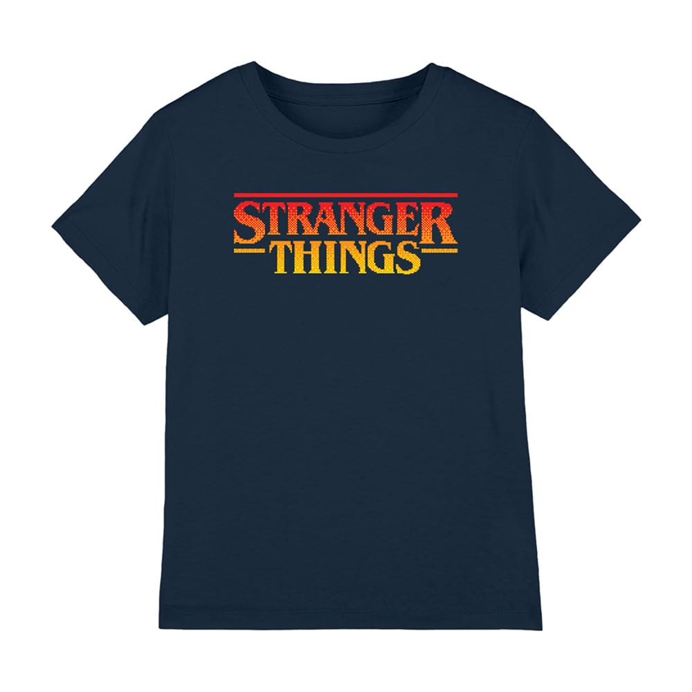 Stranger Things Sunset Pixel Logo Kids T Shirt, Navy, 12-13