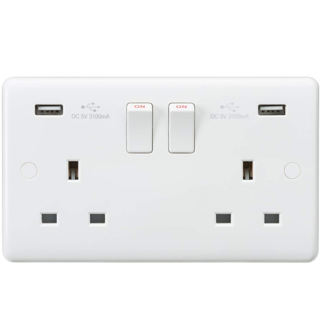 Knightsbridge CU9904 Curved Edge 13 A 2 Gang Switched Socket with Dual USB Charger, 230 V, White