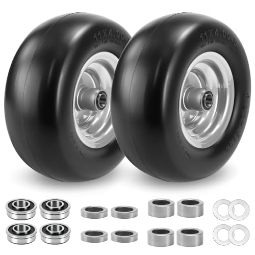 2 Pcs 11x4.00-5 Flat Free Lawn Mower Tire and Wheel, 3.4' Centered Hub, 3/4' & 5/8' Bearings, 11x4-5 Solid Tires, Smooth Tread, Replacement for Zero-Turn Mower Front Tires, Gray