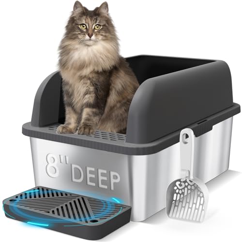 8" Deep Stainless Steel Litter Box with Lid Extra Large Cat Litte...