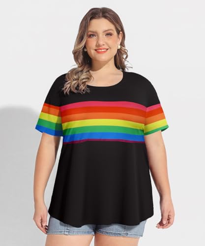 Image of CARCOS Plus Size Tops for Women Short Sleeve Summer Pullover Color Block Crewneck /V Neck Tee Tunic Loose Fit Tshirts XL-5XL