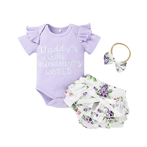 Honykids 3PCS Newborn Baby Girl Romper Jumpsuit Bodysuit +Pants Shorts+Headband Outfit Set (6-9 Months, Pur-Short)