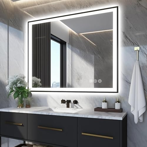 40x32 LED Bathroom Mirrors for Wall -Black Aluminum Framed (Front and Backlit), Anti-Fog Vanity Mirror With Lights,Stepless Dimmable Lighted Mirror,3 Colors Smart Mirror(Horizontal/Vertical)