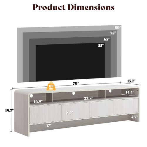 Image of AMERLIFE 70 inch Modern TV Stand for TVs Up to 80 inch, Wood TV Console with Curved Profile Design & 2 Storage Cabinets, Media Console Entertainment Center for Living Room, White
