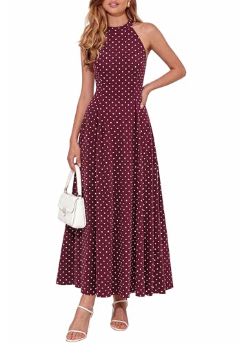 PRETTYGARDEN Summer Halter Dresses for Women 2026 Vacation Outfits Sleeveless Polka Dot Sundress Wedding Guest Maxi Dress(Dot Red White,Large)