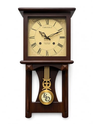 Image of Premium Wooden Pendulum Wall Clock with Musical Chime Sound, Roman Figure Golden Dial, Silent Sweep Quartz Movement, Classic Brown Finish, Battery Operated Decorative Wall Clock (22 x 11 x 3.5 Inch)