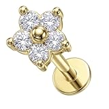AZARIO LONDON Piercing de plata de ley 925 con forma de flor, circonita cúbica, calibre 16, redondo, estrella, corazón y labio, piercing para labio, 6mm Length, Circonia cúbica Chapado en oro
