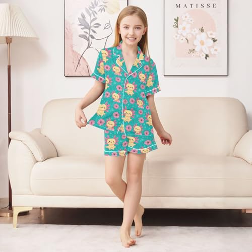ALAZA Axolotl Flower Blossom Blue Satin Pajamas Set Short Sleeve Button Down Sleepwear Summer Pjs 2 Piece3