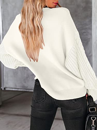 Anrabess Women's Crewneck Long Sleeve Drop Shoulder Casual Solid Cable Knit Chunky Contrast Pullover Sweater Top 565Bai-S Cream White #TOP4