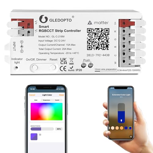GLEDOPTO Matter RGBCCT LED Controller 20A max für PWM Analog LED Lichtstreifen APP Sprachsteuerung RGBW RGB Dimmbar Kompatibel mit Homekit Google Echo Alexa (Matter-218M)