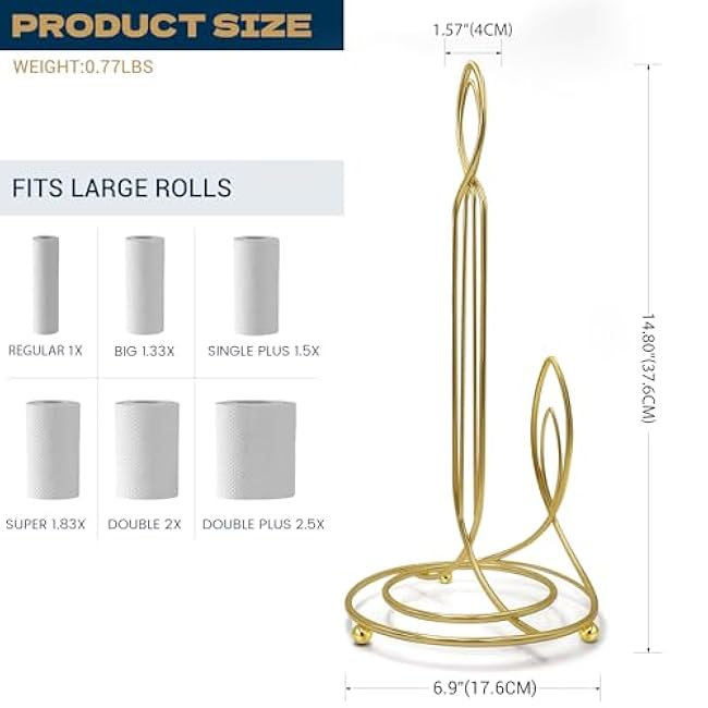 Candle Shaped Paper Towel Holder, Countertop-Decorative Farmhouse Tissue Paper roll Holder, Rustic Metal Modern Stand for Kitchen Bathroom Rest Room (Brass)