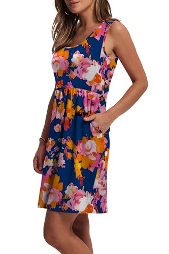 Image of WIHOLL Women's Summer Dress 2026 A-Line Sleeveless Casual Sundress with Pockets Floral /Solid