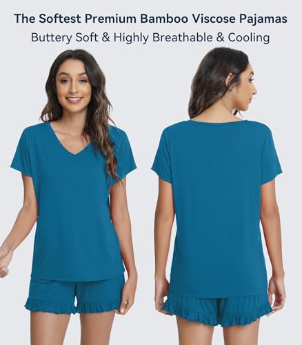 Image of WiWi Womens Pajamas Set Bamboo Viscose Super Soft Short Sleeve Top Ruffle Shorts Sleepwear Cooling Pj Sets S-XXL