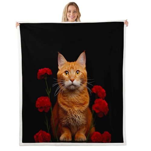 Image of Orange Cat Fleece Blankets for Kids Boys Girls Floral Print Blanket Cute Kitten Pattern Throw Blanket Sherpa Blanket 3D Animal Theme Teens Adults for Couch Bed Sofa Plush Blankets Twin 60 inchx80 inch