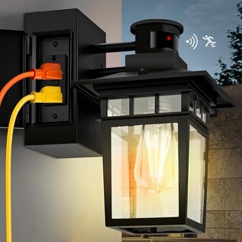 HIHUOS Porch Lights with GFCI Outlet, Motion Sensor Outdoor Lights,3 Lighting Modes Front Door Lights,Waterproof Anti-Rust Alunmium Exterior Light Fixture,Outside Lights for House,Bulb Not Included Cover