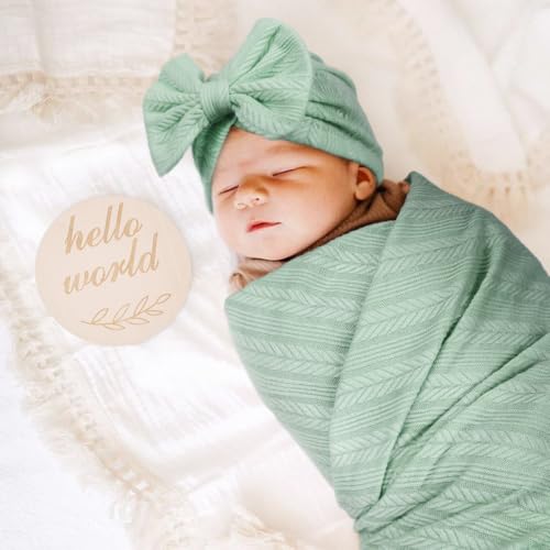 Image of AQOKKA Newborn Receiving Blanket with Bow Hat Mittens Wooden Card Set Wheat-Pattern Newborns Toddler Baby Boy Girl Nursery Swaddle Wrap