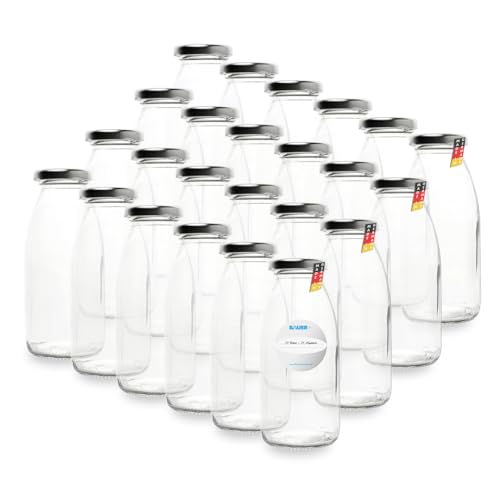 Flaschenbauer - 24x Glasflaschen 250ml mit Deckel TO43 Silber - Flaschen zum Befüllen inkl. Etiketten Saftflaschen Milchflaschen Vorratsflaschen Einmachgläser Smoothie Flaschen - Made in Germany