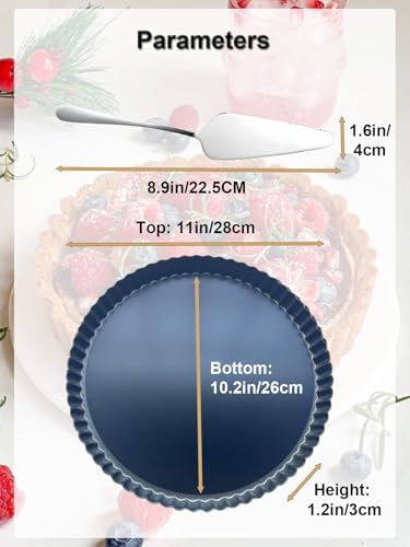 Image of 11 Inch Quiche Pans with Cake Server. Removable Bottom, Non-Stick Coating, Rugged Carbon Steel for Tart Quiche Pie Baking. Gift for Women Wife Christmas Thanksgiving Party Festival Family