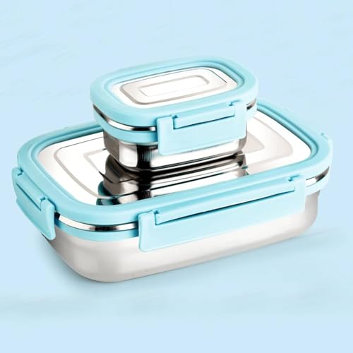Image of BLLUEX Stainless Steel Tiffin Lunch Box Container with 4 Side Clip Lock Lid for Office & School Use /Food Grade /Air Tight /Easy to Carry /Leak Proof(750ml 1pc + 250ml 1 Pc) Blue