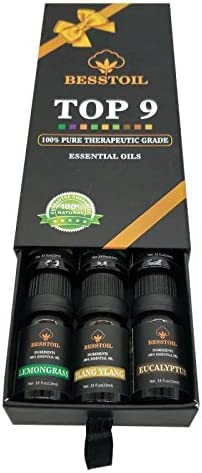 Aromatherapy Essential Oils Gift Set, 100% Pure Natural Suitable For Humidifiers-Top 9 (Lavender, Frankincense,Tea Tree,Eucalyptus,Lemongrass,Peppermint,Sweet Orange,Cinnamon, Ylang Ylang) #TOP4