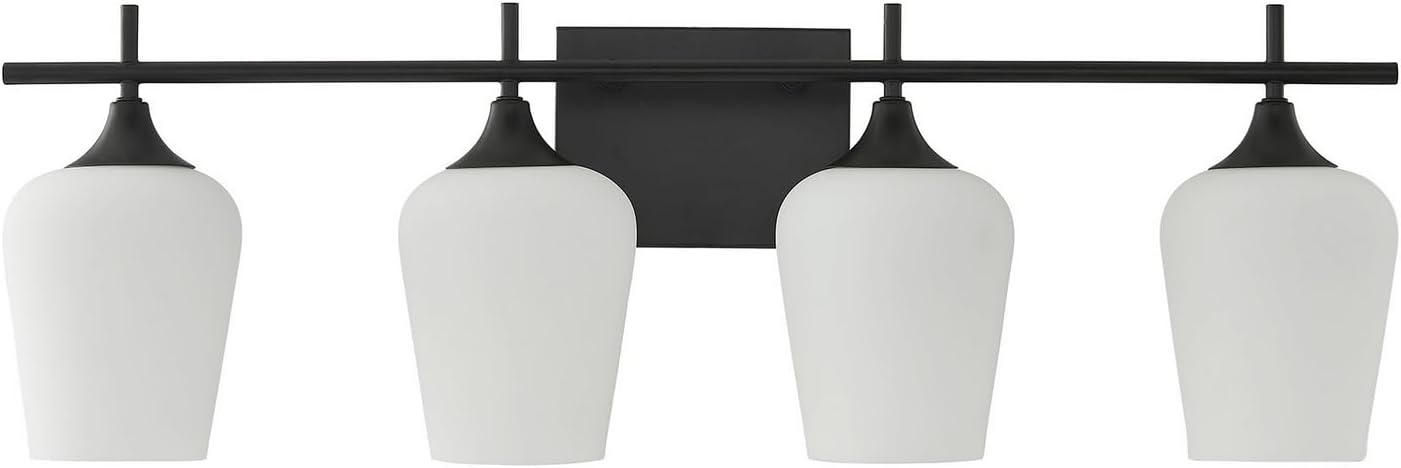 Savoy Essentials 8-6030-4-BK Octave White Opal Bathroom Vanity Wall Light, 4-Light 240 Total Watts, 10" H x 29" W, Matte Black