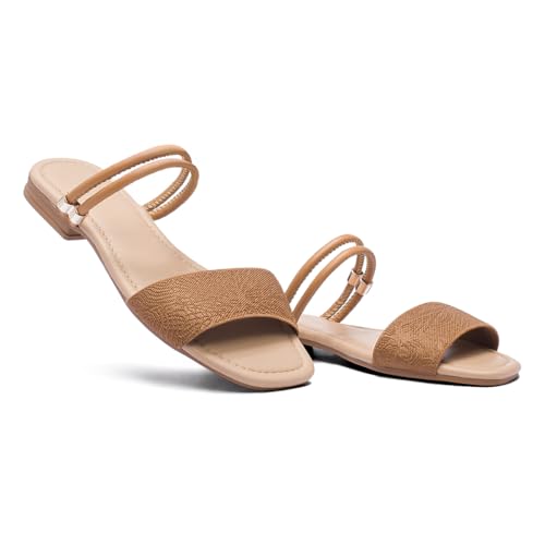 Sandália Feminina Flat com Tiras, Tecido Texturizado, Caramelo (Marrom, BR, Adulto, Numérico, 35)