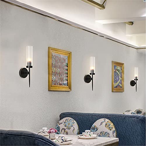 Image of BOKT Mid-Century Modern Bathroom Sconces Wall Lighting Vintage Black Vanity Wall Lamp Clear Cylinder Glass Wall Sconce Industrial Slim Wall Sconce Lamp