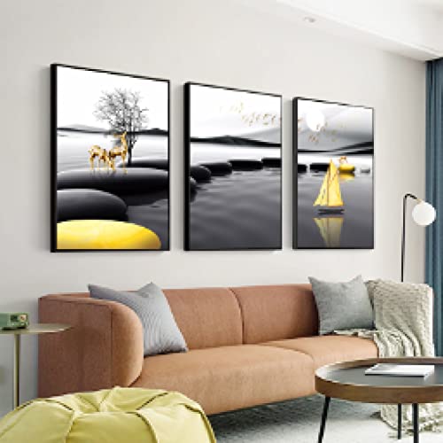 Affiche Noir Jaune Toile Paysage Moderne Cerf Bateau Pierres Salon 70x100 cm Sans Cadre