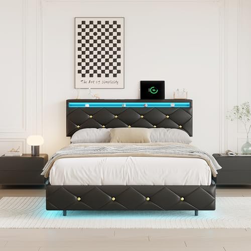 Yeutre - Yeutre Lit Flottant 140x200 cm, Lit 2 Place avec Éclairage LED et Multiprise, Tête de Lits Capitonné Réglable en Hauteur, Cadre de Lits Adolescent Garcon pour Adultes