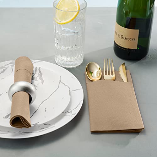 Disposable Linen-Feel Dinner Napkins With Built-In Flatware Pocket, 50-Pack Wood Prefolded Cloth Like Paper Napkins For Wedding, Dinner Or Party #TOP3