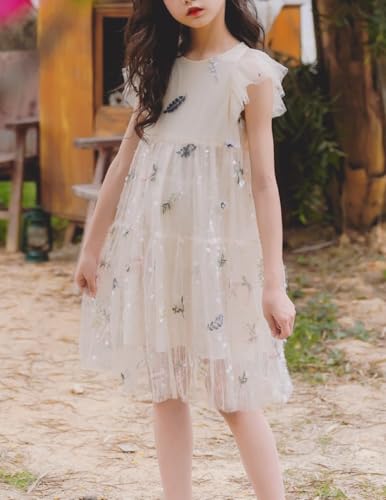 New 5-15Years Girls Beige Tulle Dress Embroidered Floral Sparkle Flutter Sleeve Cotton Lined Party2