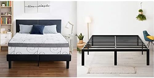 Olee Sleep 13 inch Galaxy Hybrid Gel, White & 18 Inch Tall Heavy Duty Steel Slat/Anti-Slip Support/Easy Assembly/Mattress Foundation/Maximum Storage/Noise Free/No Box Spring Needed, Black